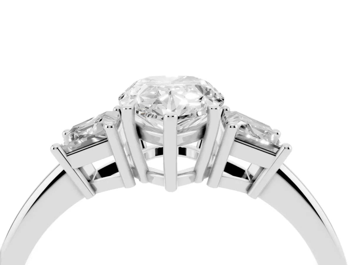 Pear Cut Diamond Three-Stone Ring with Trapezoid Side Stones and Prong Setting Platinum