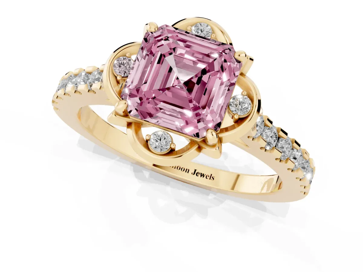 Fancy Pink Asscher Cut Diamond Ring with Pavé Band and Floral Prong Setting Yellow gold