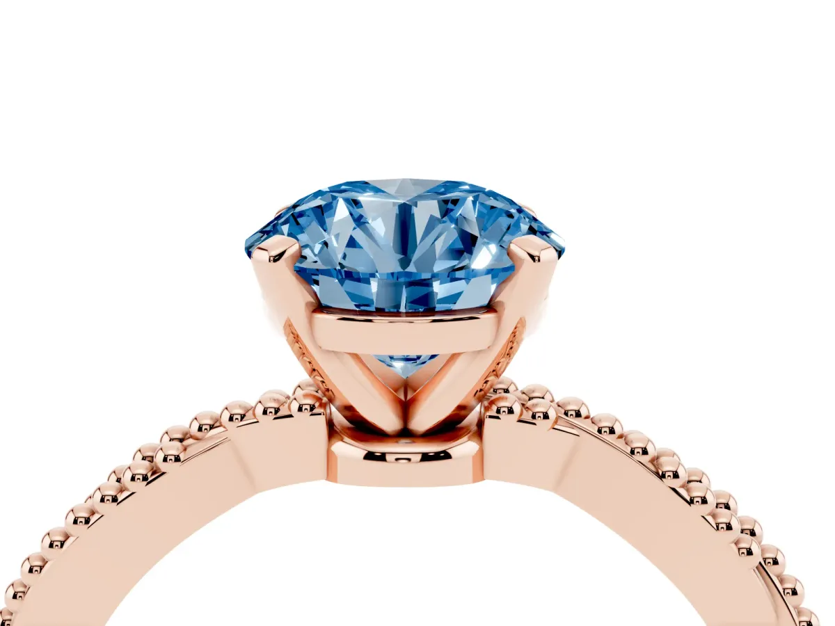 Fancy Blue Round Cut Solitaire Twisted Band with Bead Prong Setting Rose gold