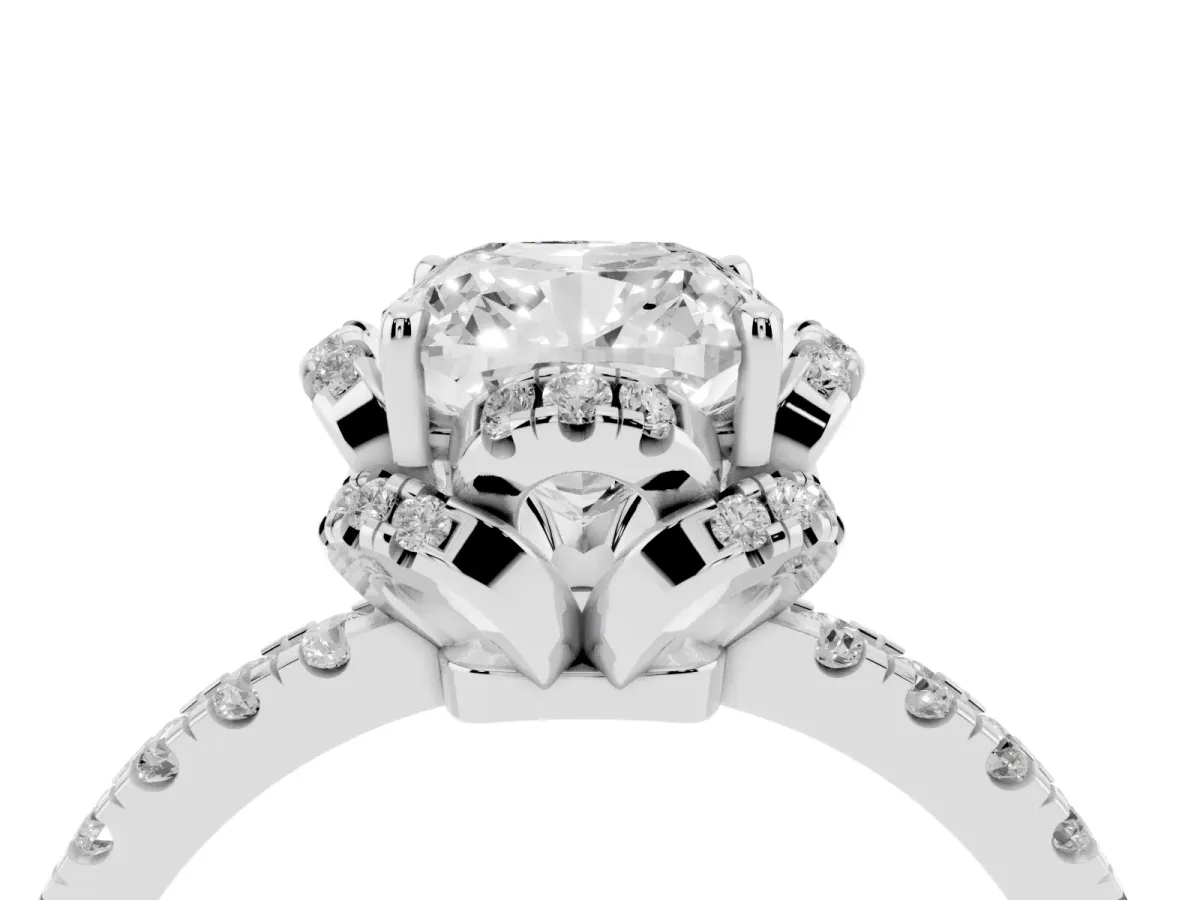 Cushion Cut Halo Diamond Pave Band Ring with Four-Prong Setting Silver