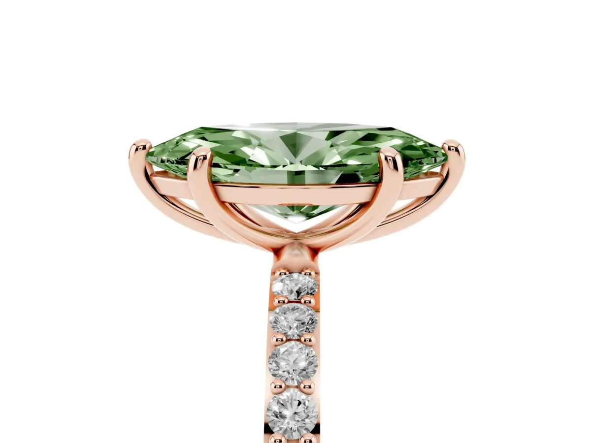 Fancy Green Marquise Cut Diamond Solitaire Ring with Round Pavé Band and Prong Setting Rose gold