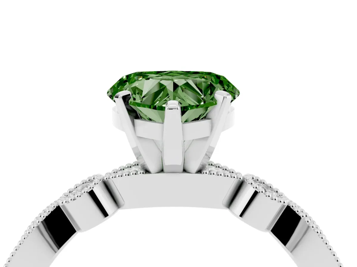 Fancy Green Heart Cut Milgrain Bezel Diamond Engagement Ring with Solitaire Prong Setting Silver