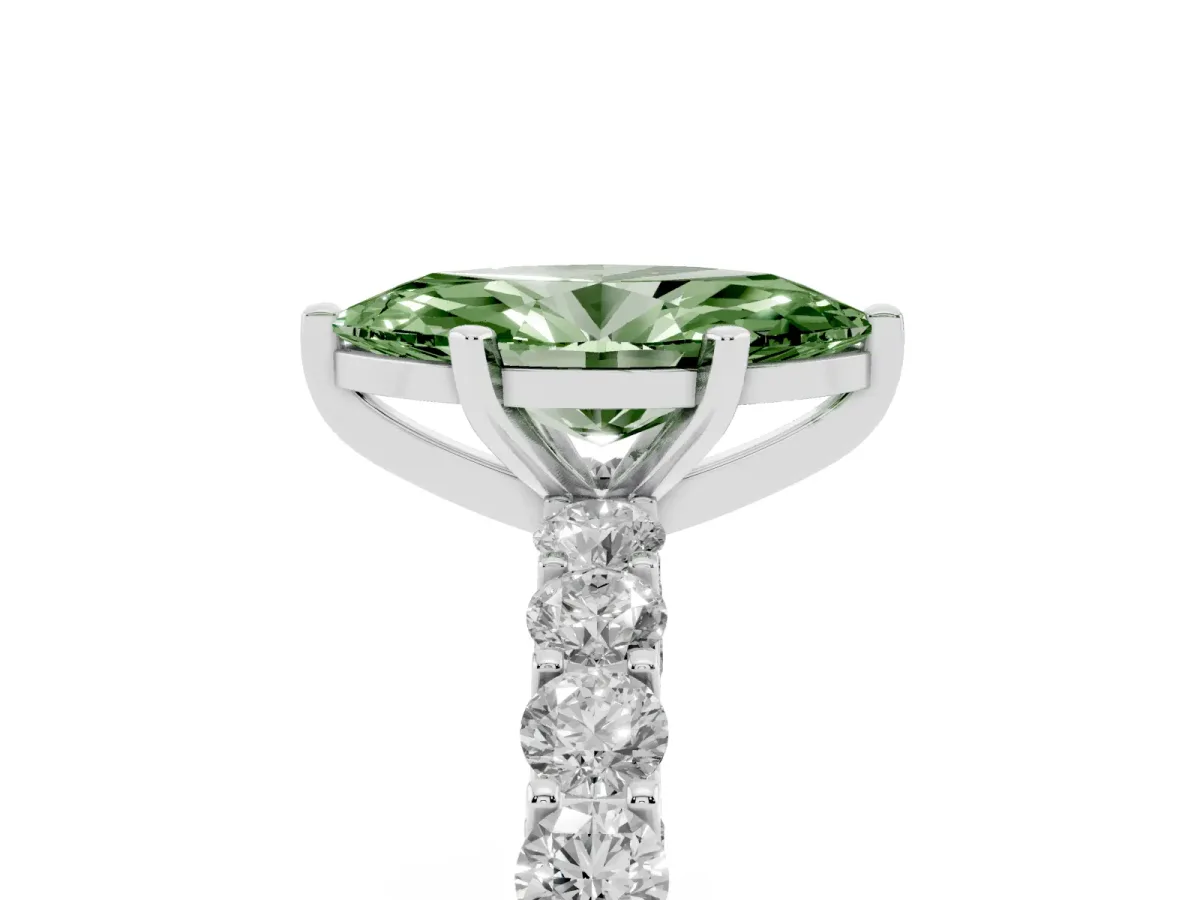 Fancy Green Marquise Cut Diamond Solitaire Ring with Shared Prong Pavé Band and Four-Prong Setting White gold
