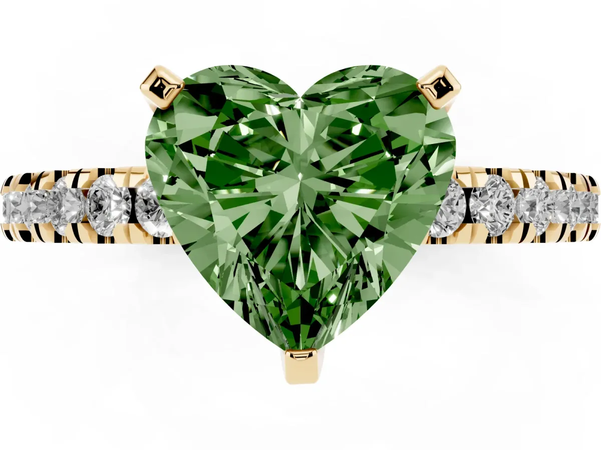 Fancy Green Heart Cut Solitaire Diamond with Pavé Band and Four-Prong Setting Yellow gold