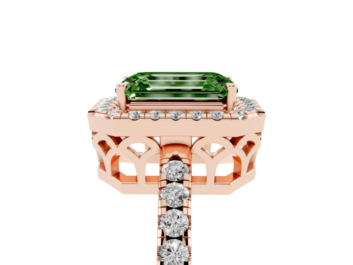 Fancy Green Emerald Cut Halo Diamond Engagement Ring with Pavé Band and Four-Prong Setting Rose gold