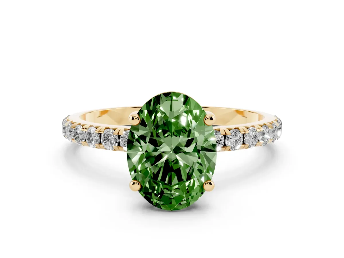 Fancy Green Oval Cut Cut Diamond Solitaire Ring with Micro Pave Band and Four Prong Setting Yellow gold