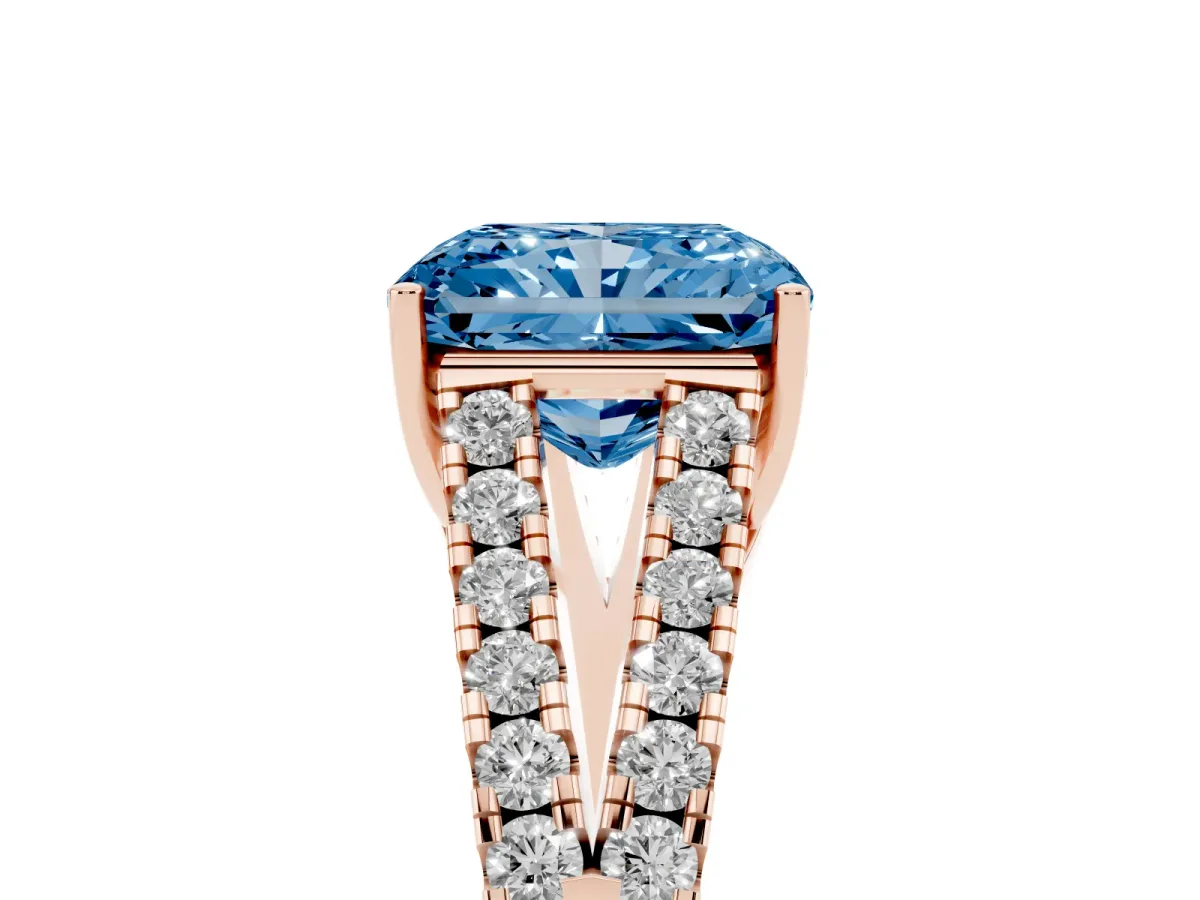 Fancy Blue Radiant Cut Diamond Split Shank Engagement Ring with Round Pavé and Prong Setting Rose gold