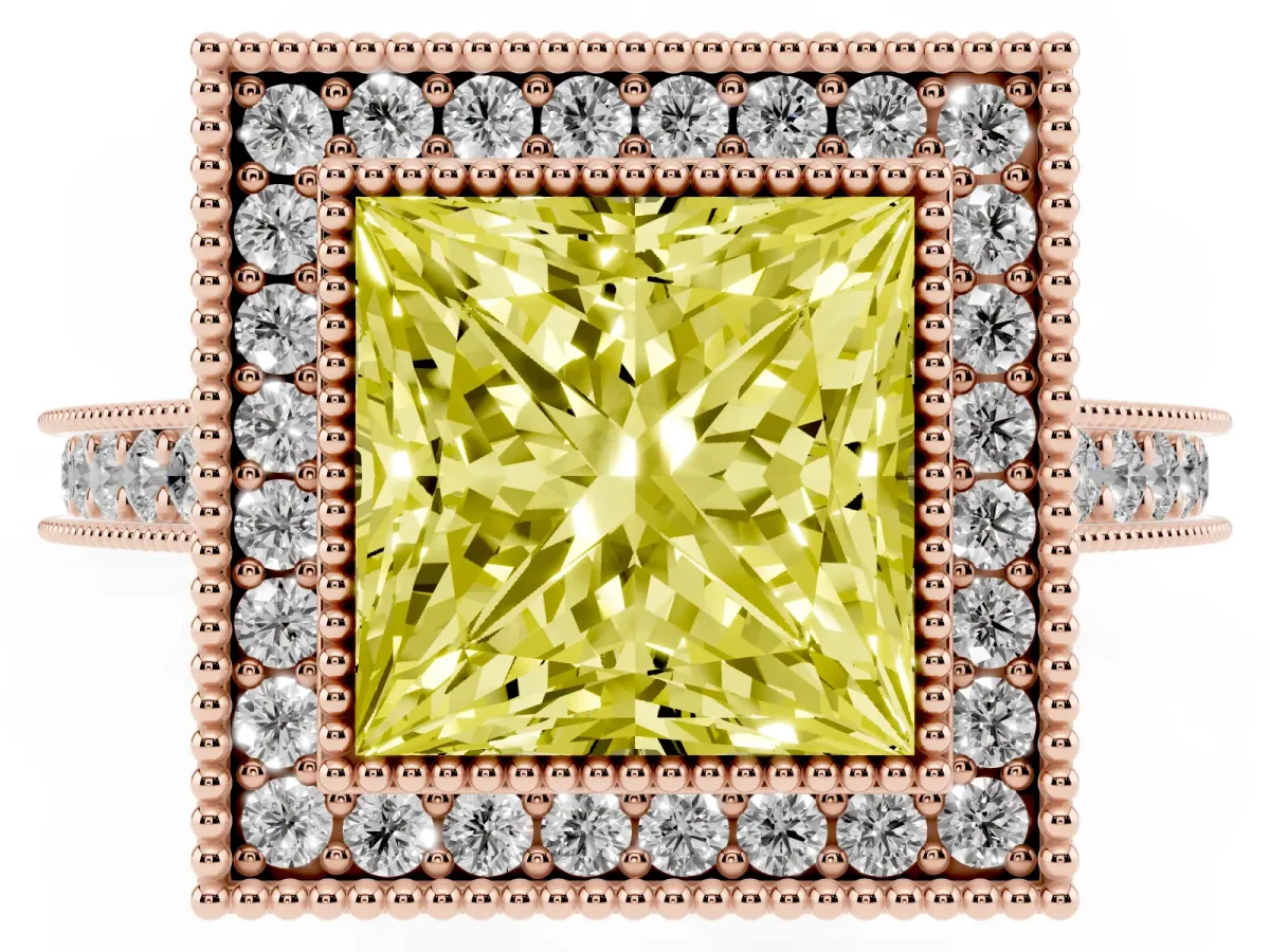 Fancy Yellow Halo Princess Cut-Cut Diamond Pave Band Milgrain Prong Setting Ring Rose gold