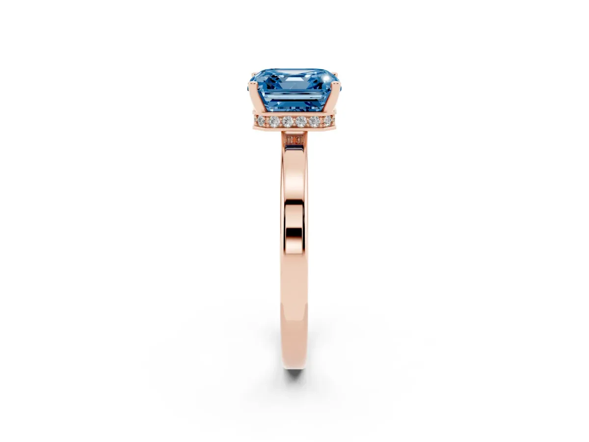 Fancy Blue Asscher Cut Cut Solitaire Engagement Ring with Four-Prong Setting on a Classic Band Rose gold