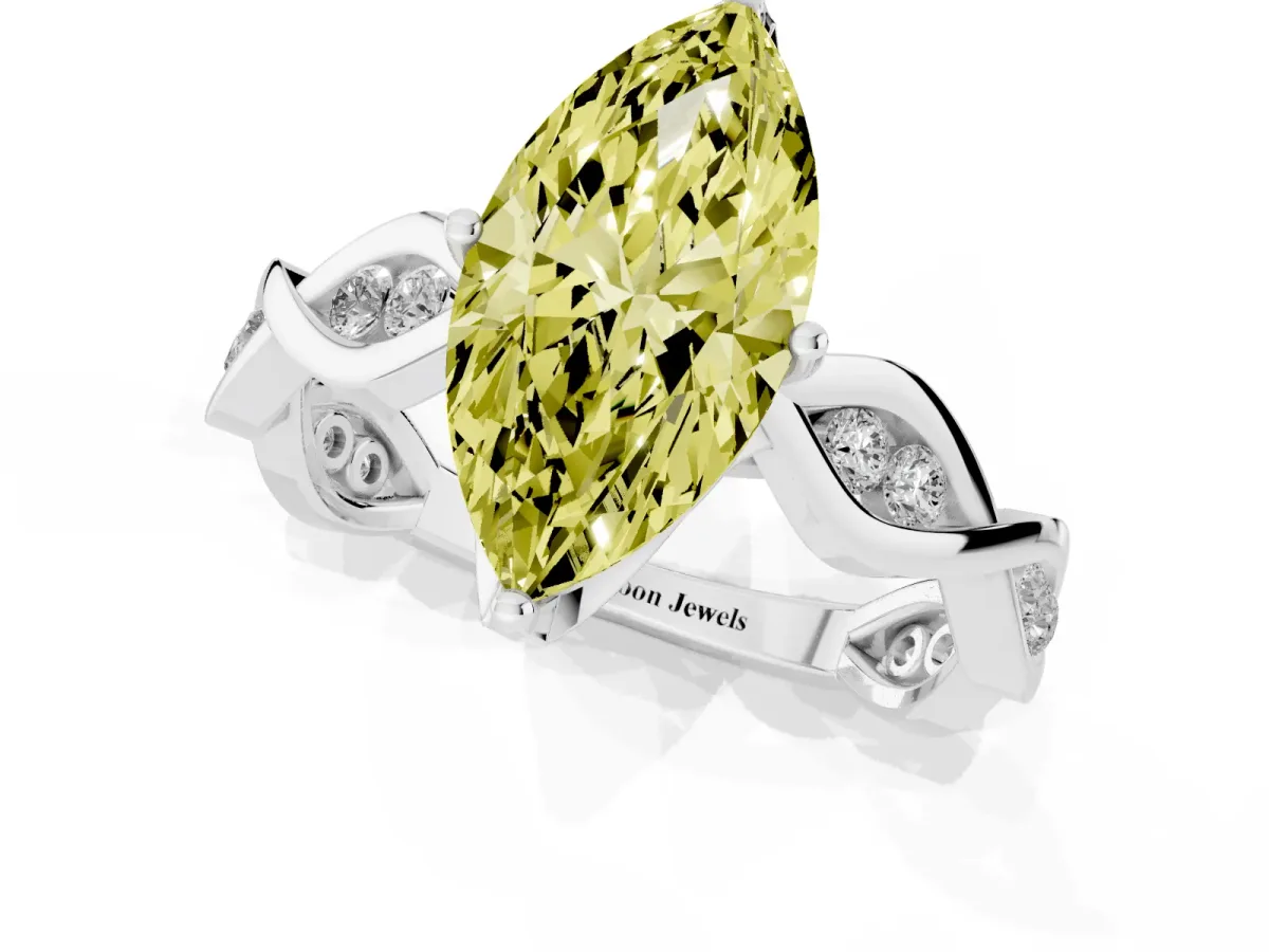 Fancy Yellow Marquise Cut Solitaire Twist Band with Leaf Prong Setting Silver
