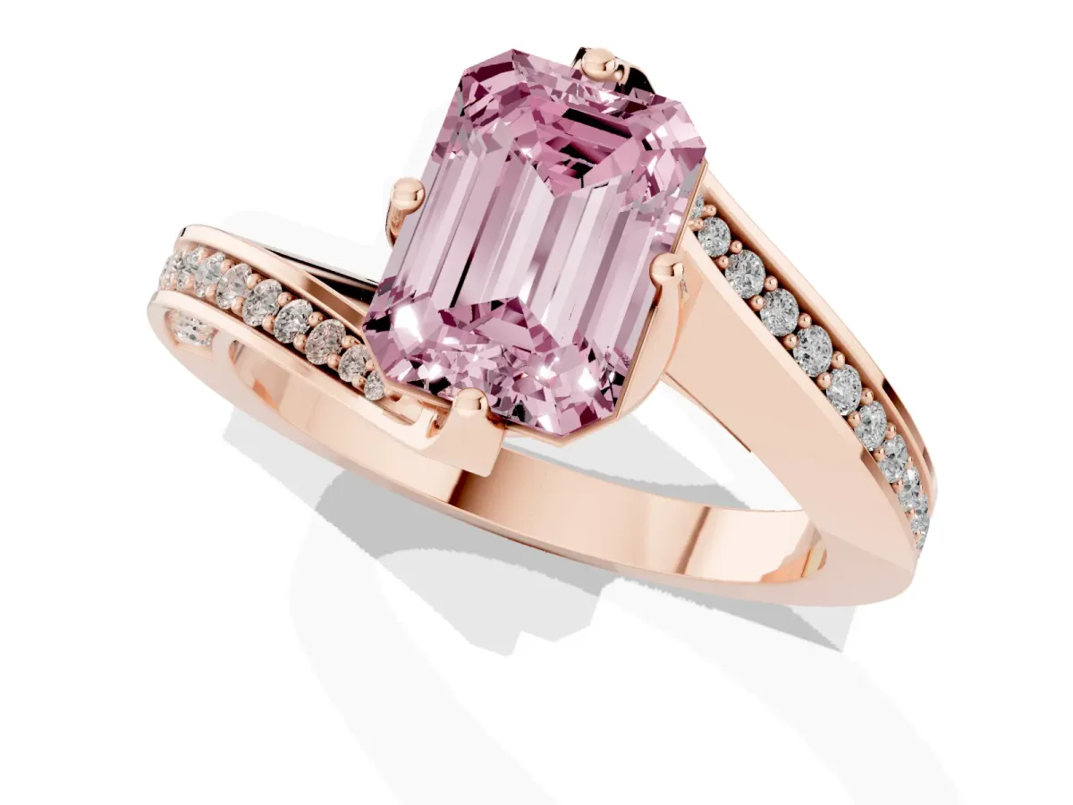 Fancy Pink Emerald Cut Solitaire Diamond Twist Band with Pavé Setting and Four-Prong Setting Rose gold