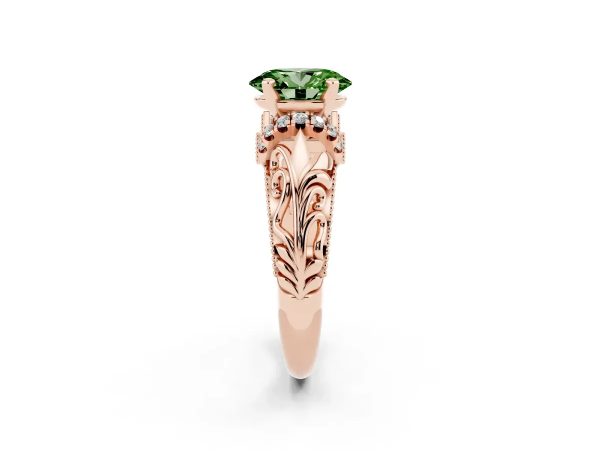Fancy Green Oval Cut Solitaire Filigree Engagement Ring with Halo and Prong Setting Rose gold