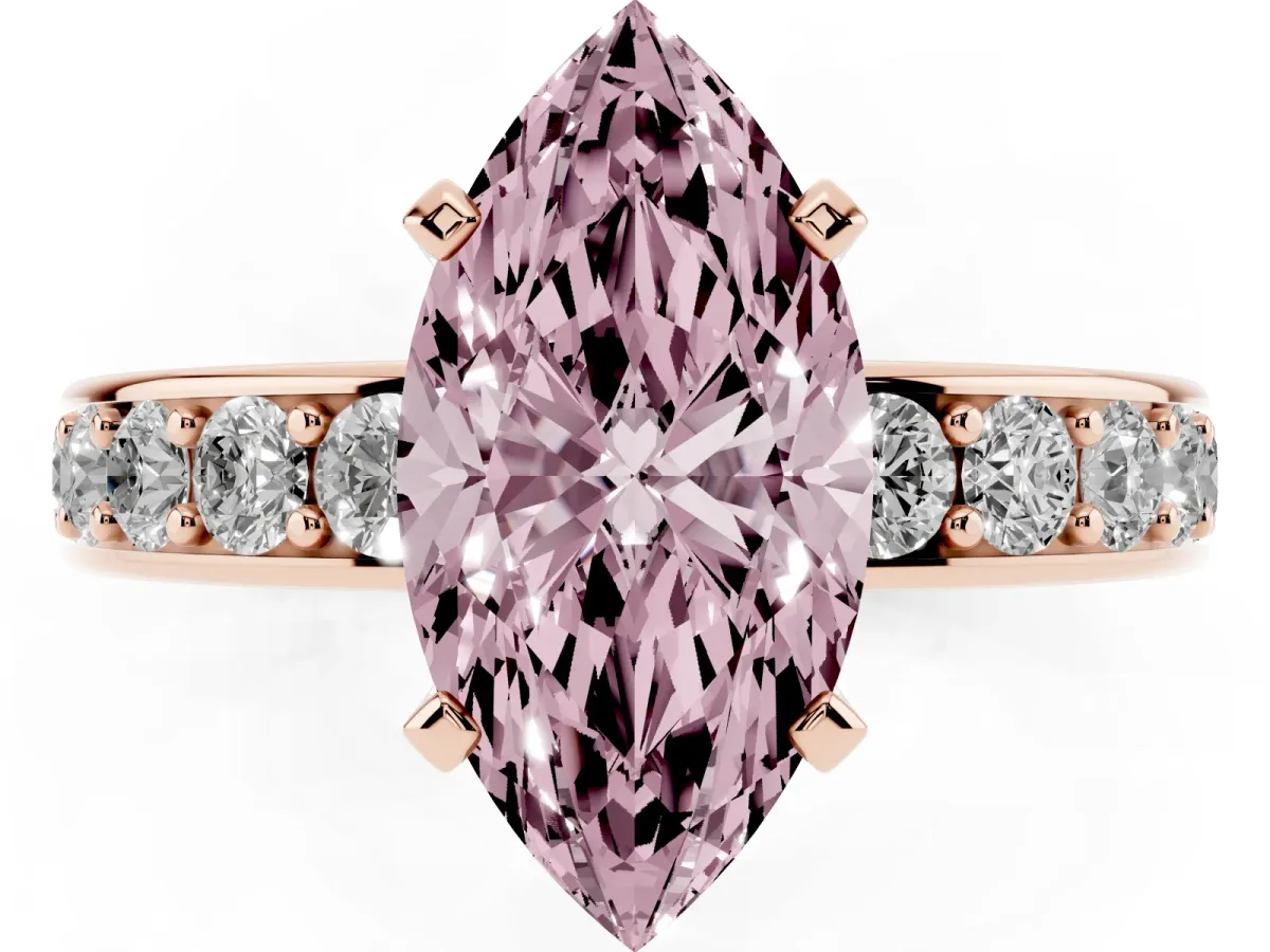 Fancy Pink Marquise Cut Diamond Engagement Ring with Channel Set Round Band and Prong Setting Rose gold