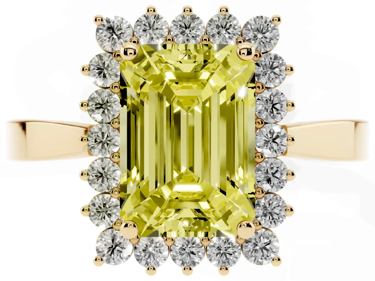 Fancy Yellow Emerald Cut Cut Diamond Halo Ring with Round Brilliant Halo and Solitaire Band Yellow gold