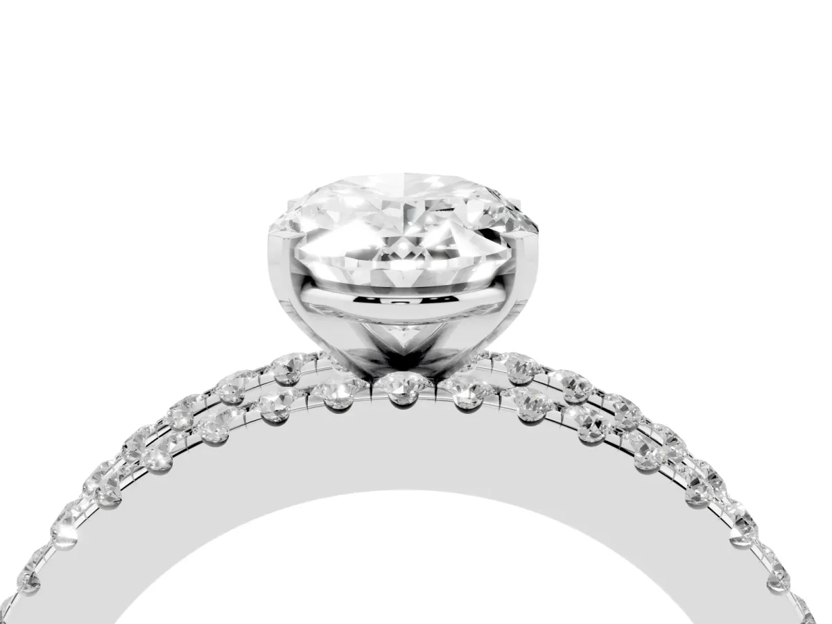 Oval Cut Diamond Solitaire Ring with Pavé and Channel Set Band Silver