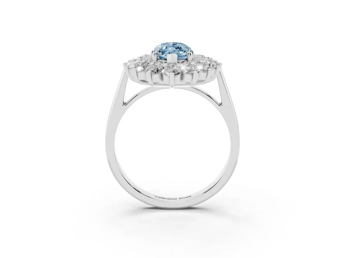 Fancy Blue Marquise Cut Diamond Floral Double Halo Engagement Ring with Prong Setting Platinum