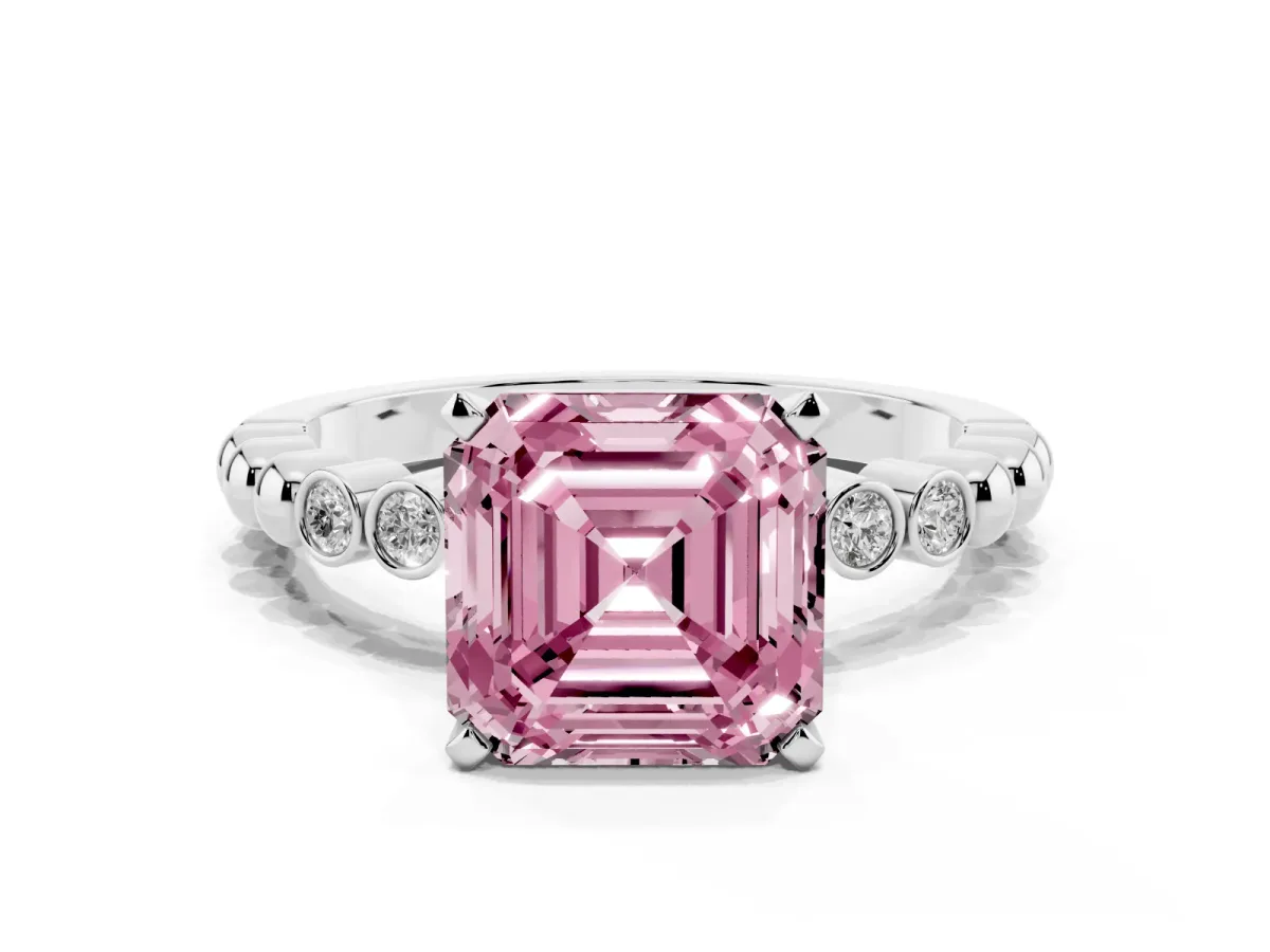 Fancy Pink Asscher Cut Solitaire Bezel Accent Diamond Engagement Ring with Beaded Band and Four-Prong Setting White gold