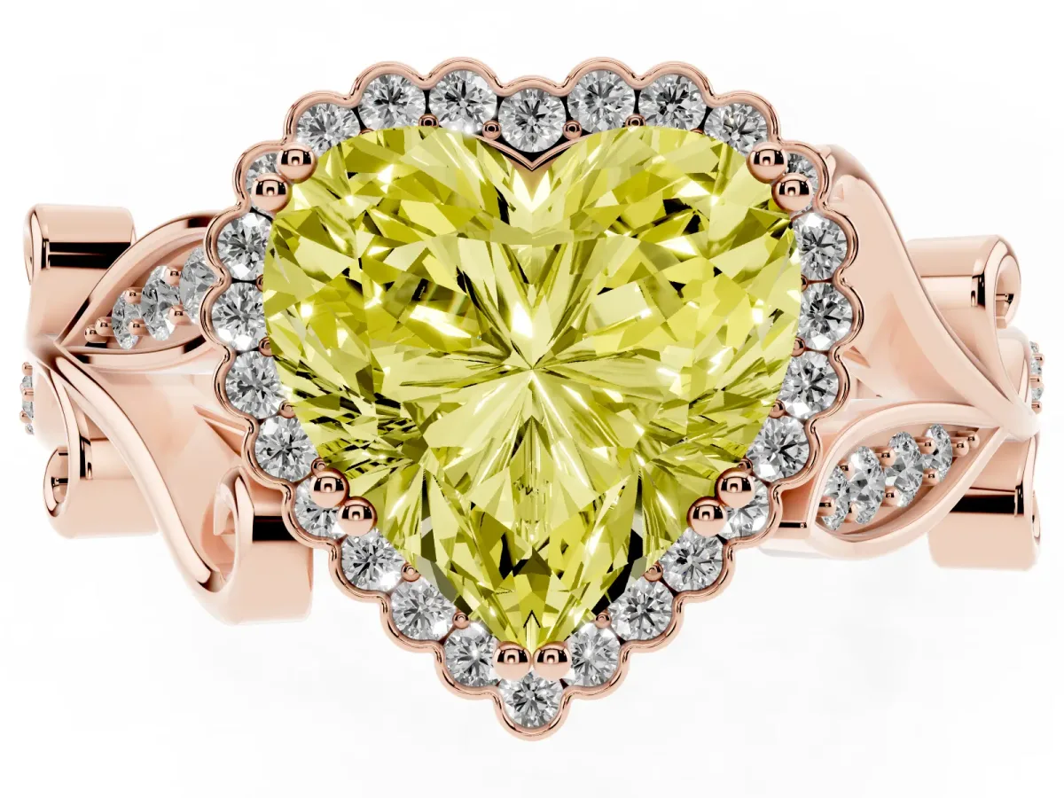 Fancy Yellow Heart Cut Diamond Halo Ring with Vintage Split Shank and Four-Prong Setting Rose gold