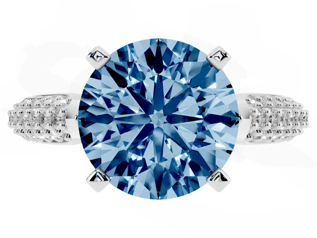 Fancy Blue Round Cut Diamond Solitaire Engagement Ring with Multi-Row Round Pavé Band and Prong Setting Silver