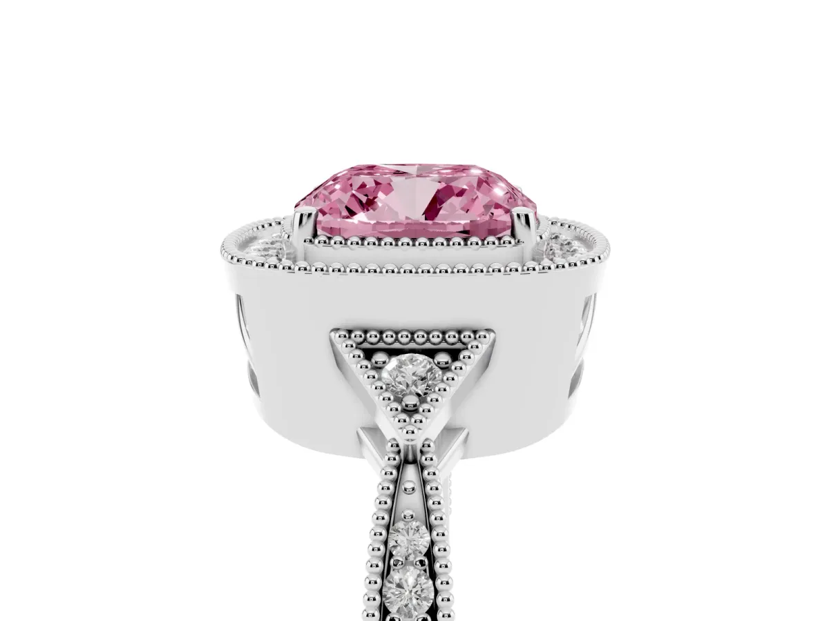 Fancy Pink Cushion Cut Halo Round Diamond Milgrain Pave Engagement Ring White gold