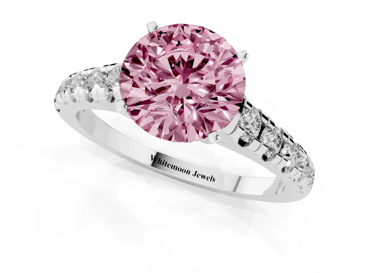 Fancy Pink Round Cut Diamond Cathedral Solitaire Ring with Round Pavé Band Silver