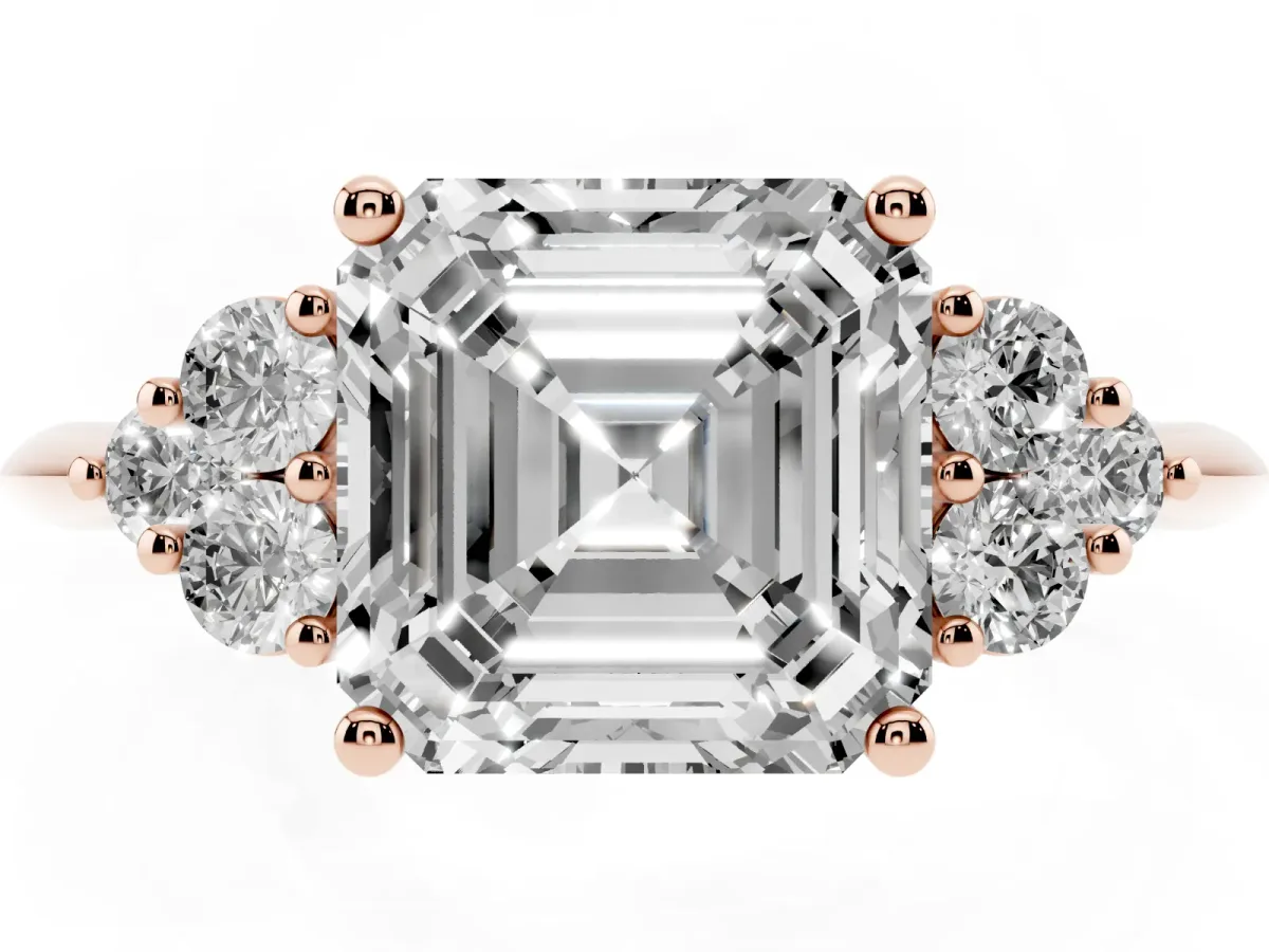 Asscher Cut Cut Diamond Cluster Ring with Solitaire Band and Four-Prong Setting Rose gold