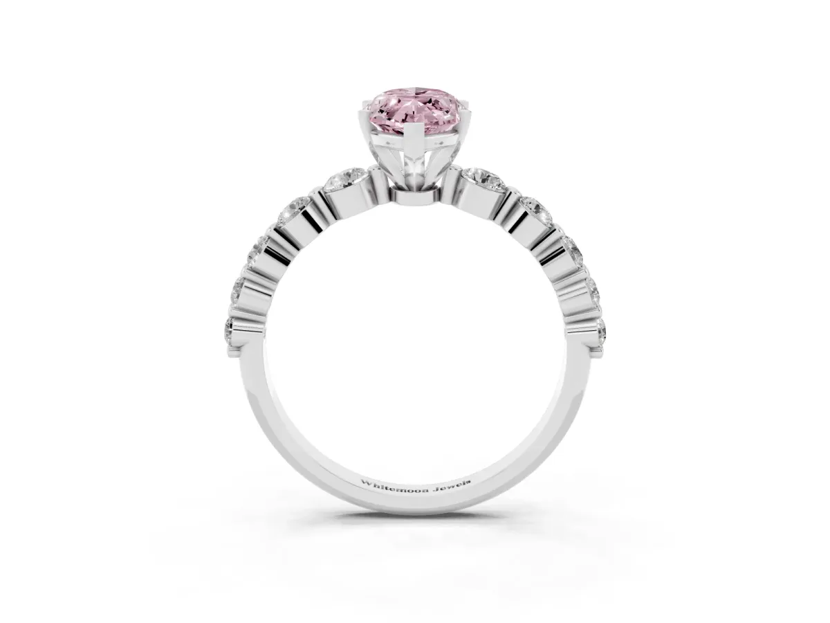 Fancy Pink Marquise Cut Solitaire Diamond Ring with Pave Band and Four-Prong Setting Silver