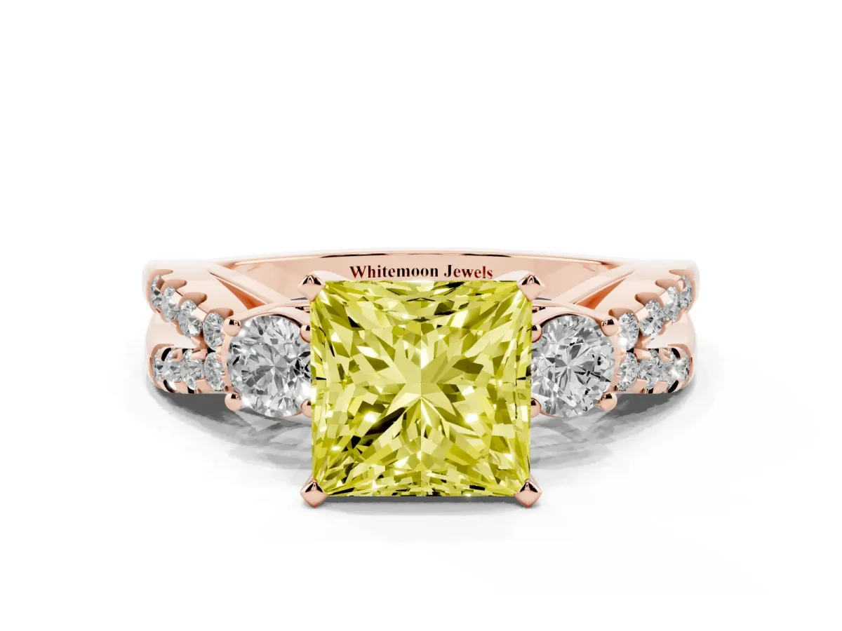 Fancy Yellow Princess Cut Diamond Three-Stone Ring with Pavé Split Shank and Four-Prong Setting Rose gold