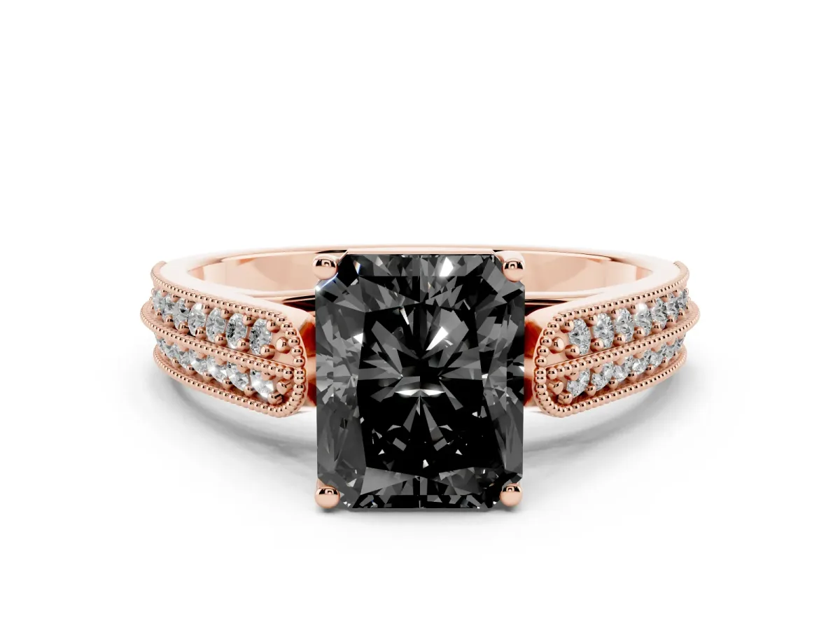Fancy Black Radiant Cut Cut Pave Split Shank Engagement Ring with Four-Prong Setting Rose gold