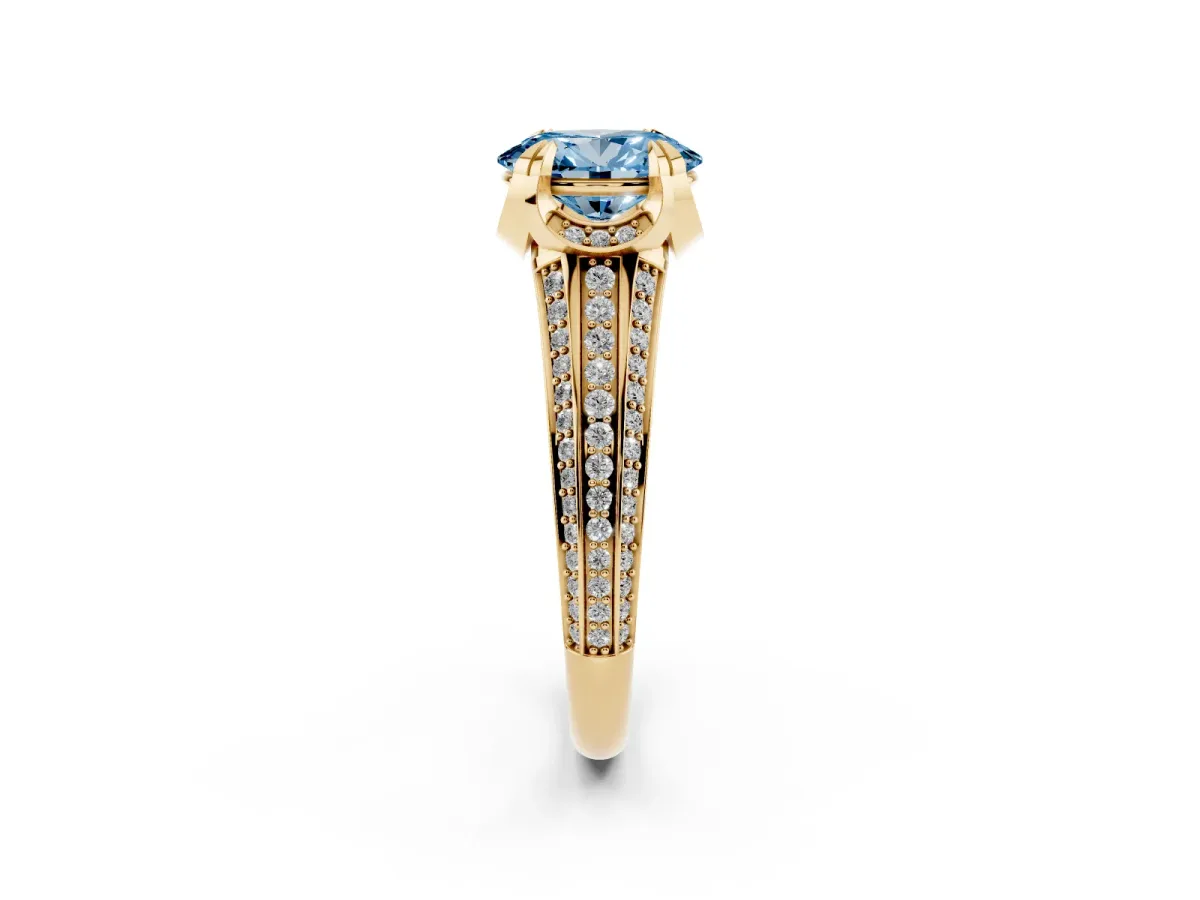 Fancy Blue Oval Cut Solitaire Pave Split Shank Ring with Four-Prong Setting Yellow gold