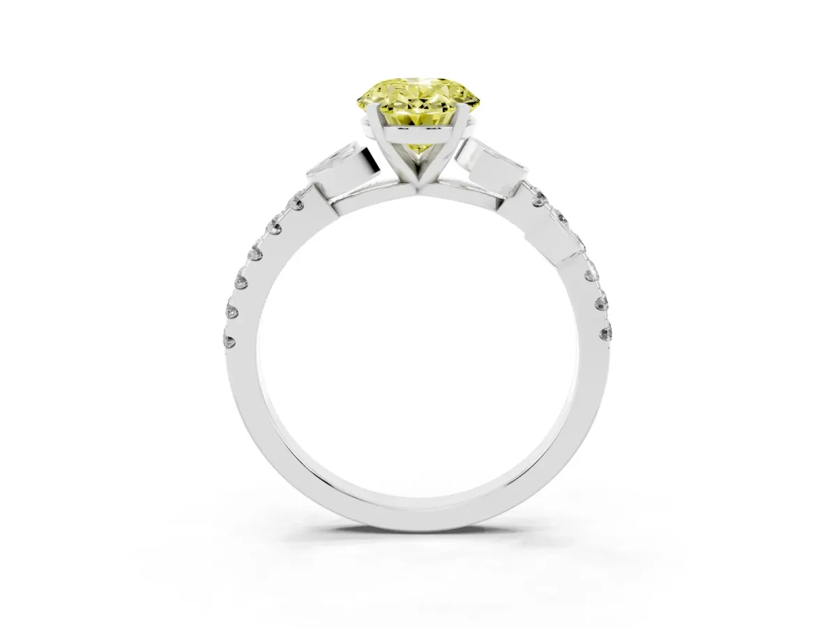 Fancy Yellow Oval Cut Solitaire Leaf-Inspired Diamond Ring with Pavé Band and Four-Prong Setting Silver