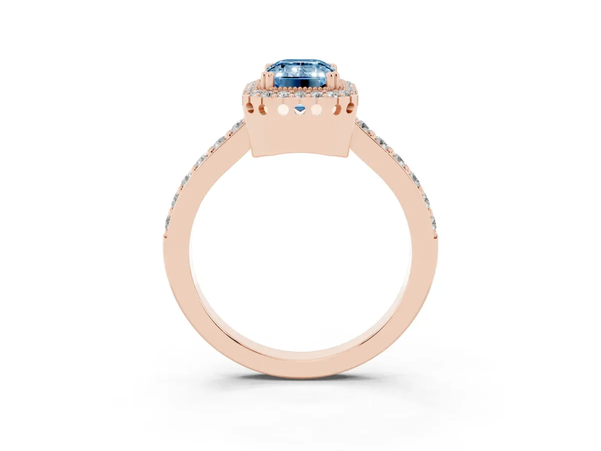 Fancy Blue Emerald Cut Cut Diamond Halo Engagement Ring with Milgrain Detail and Pavé Band Rose gold