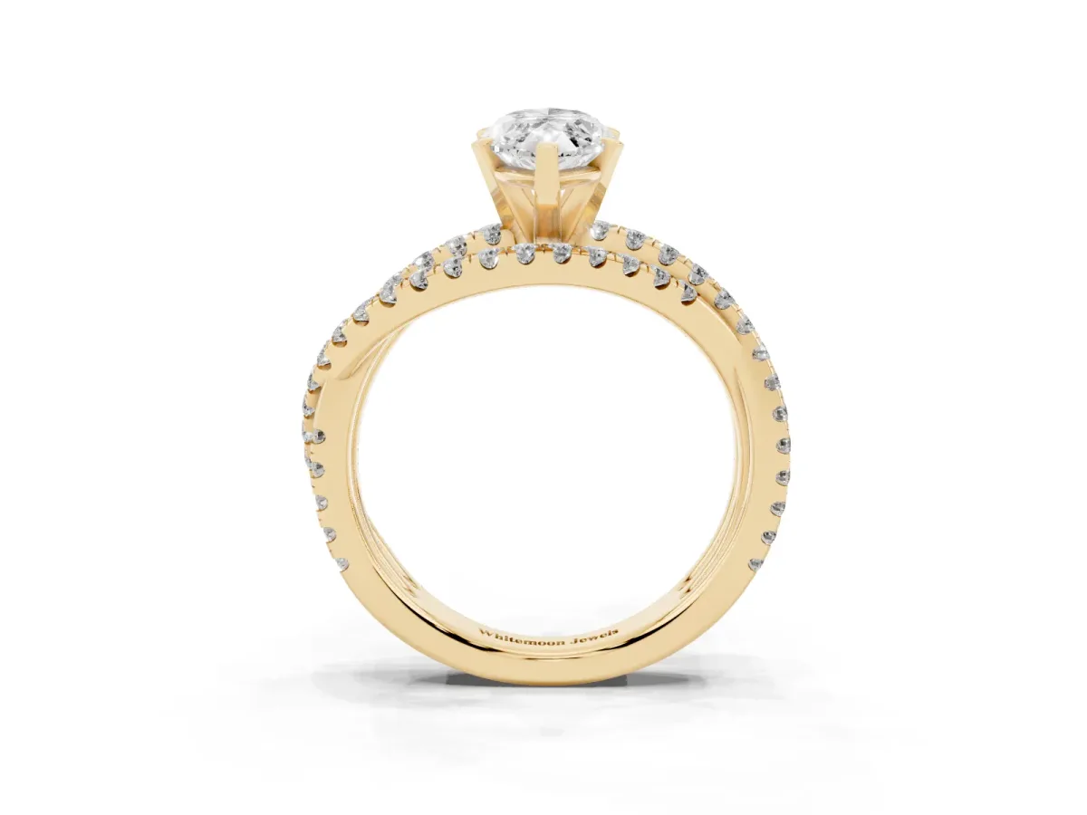 Marquise Cut Solitaire Twist Band with Pavé Setting and Four-Prong Setting Yellow gold