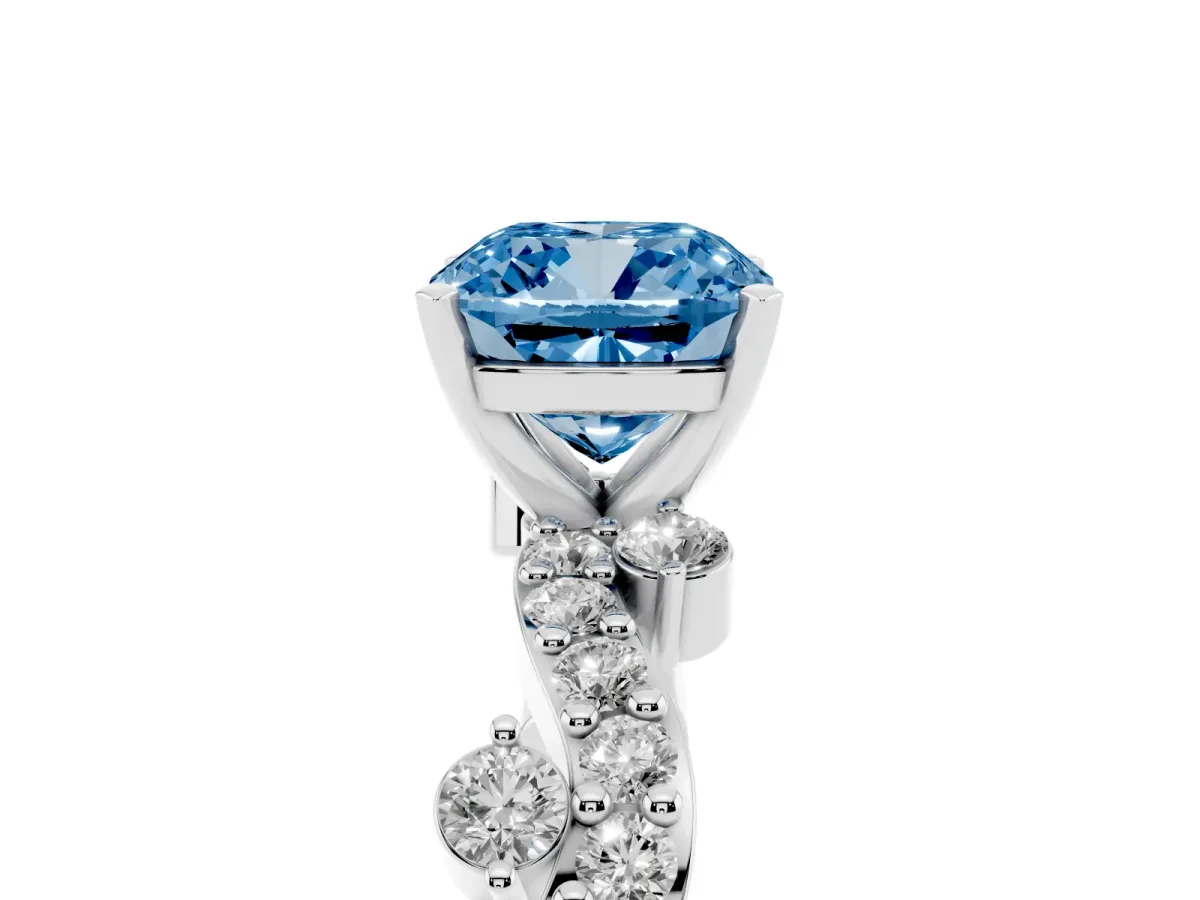 Fancy Blue Cushion Cut Cut Solitaire Diamond Twisted Band with Pave Setting White gold