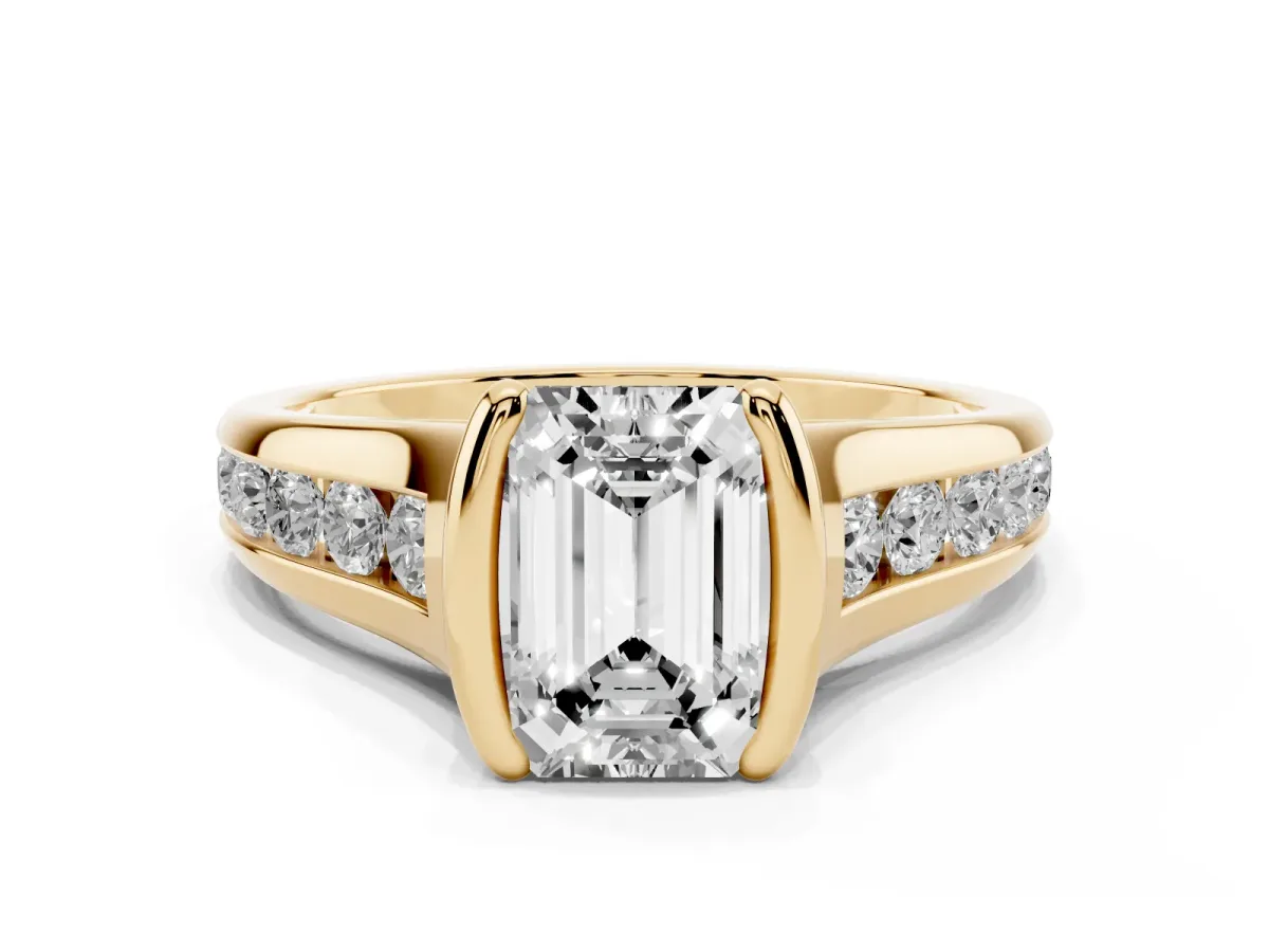 Emerald Cut Solitaire Bezel-Set Diamond Ring with Channel-Set Band Yellow gold