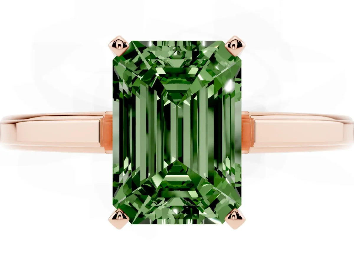 Fancy Green Emerald Cut Solitaire Diamond Ring with Four-Prong Setting and Classic Band Rose gold
