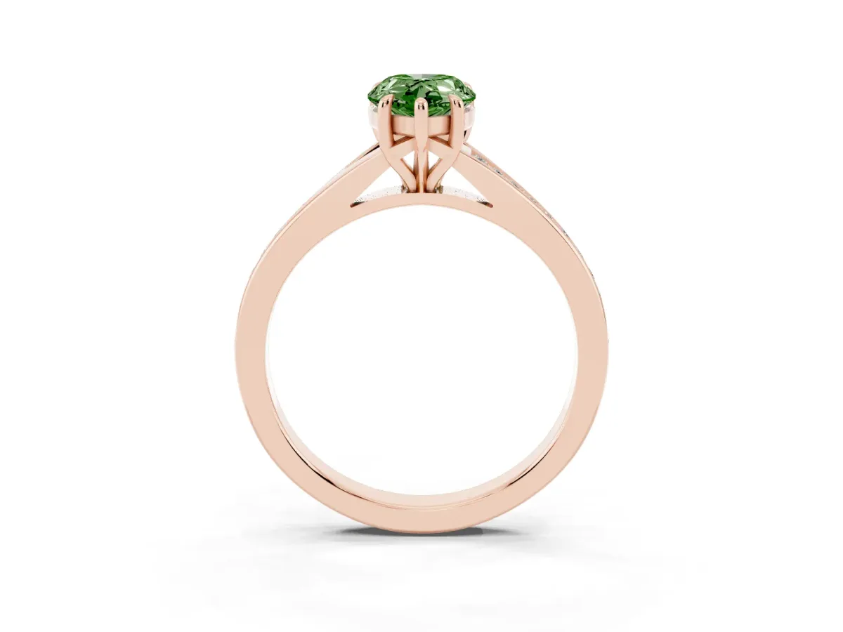 Fancy Green Pear Cut Diamond Solitaire Ring with Pavé Band and Prong Setting Rose gold