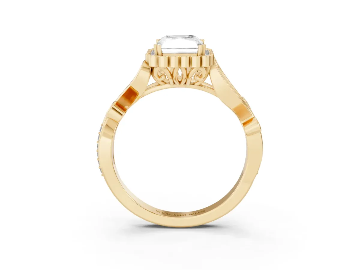 Radiant Cut Diamond Halo Ring with Vintage Split Shank and Four-Prong Setting Yellow gold