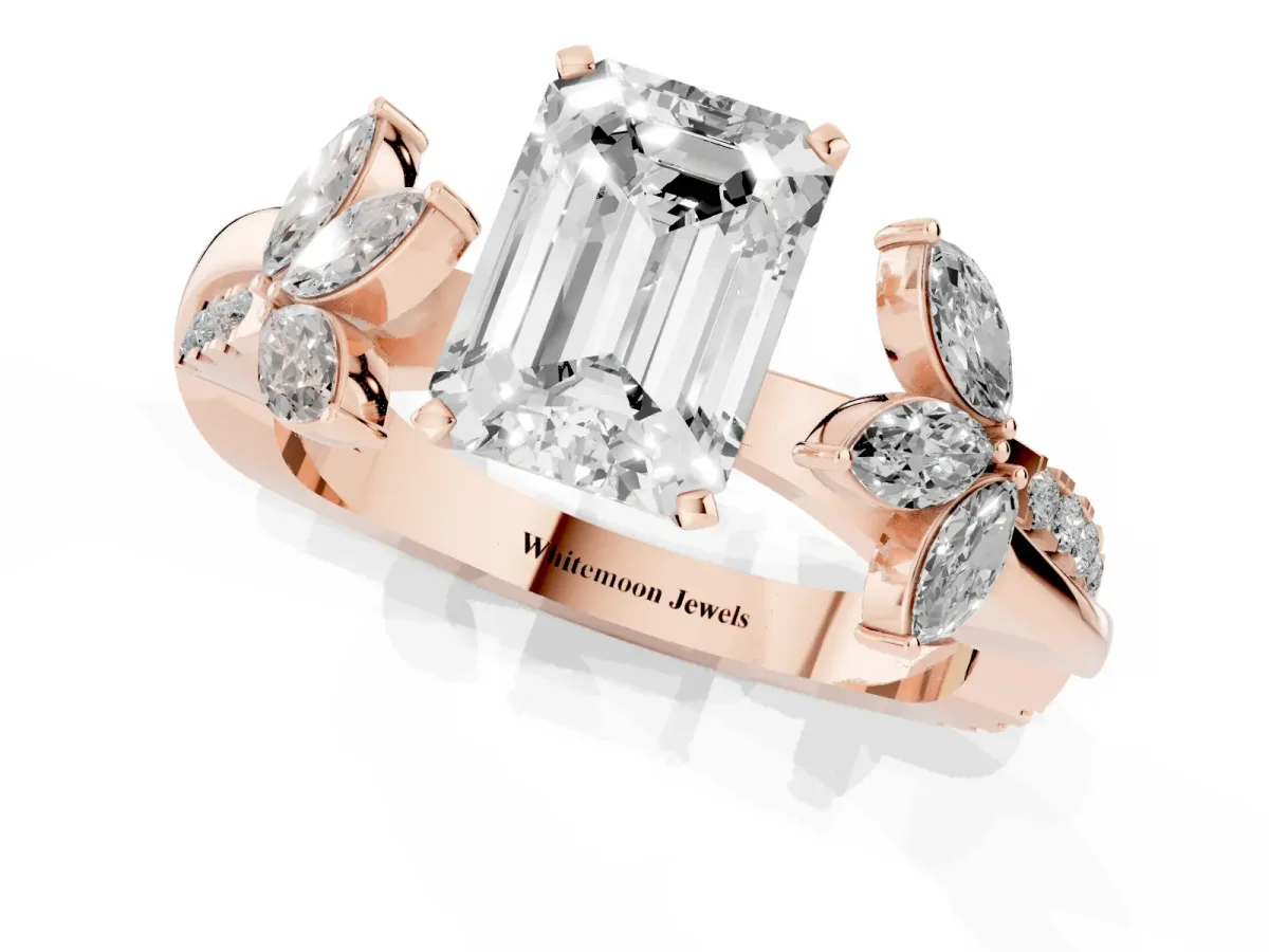 Emerald Cut Diamond Floral Vine Solitaire Engagement Ring Rose gold