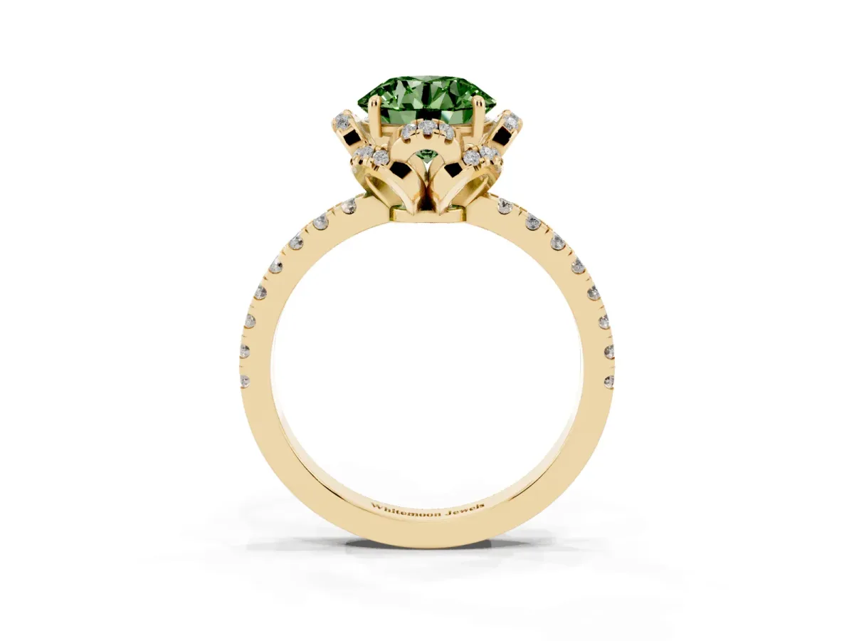 Fancy Green Round Cut Diamond Halo Pave Band with Four-Prong Setting Yellow gold