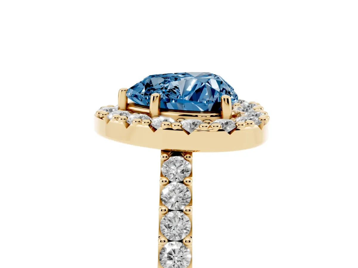 Fancy Blue Heart Cut Halo Diamond Pavé Solitaire Ring Yellow gold