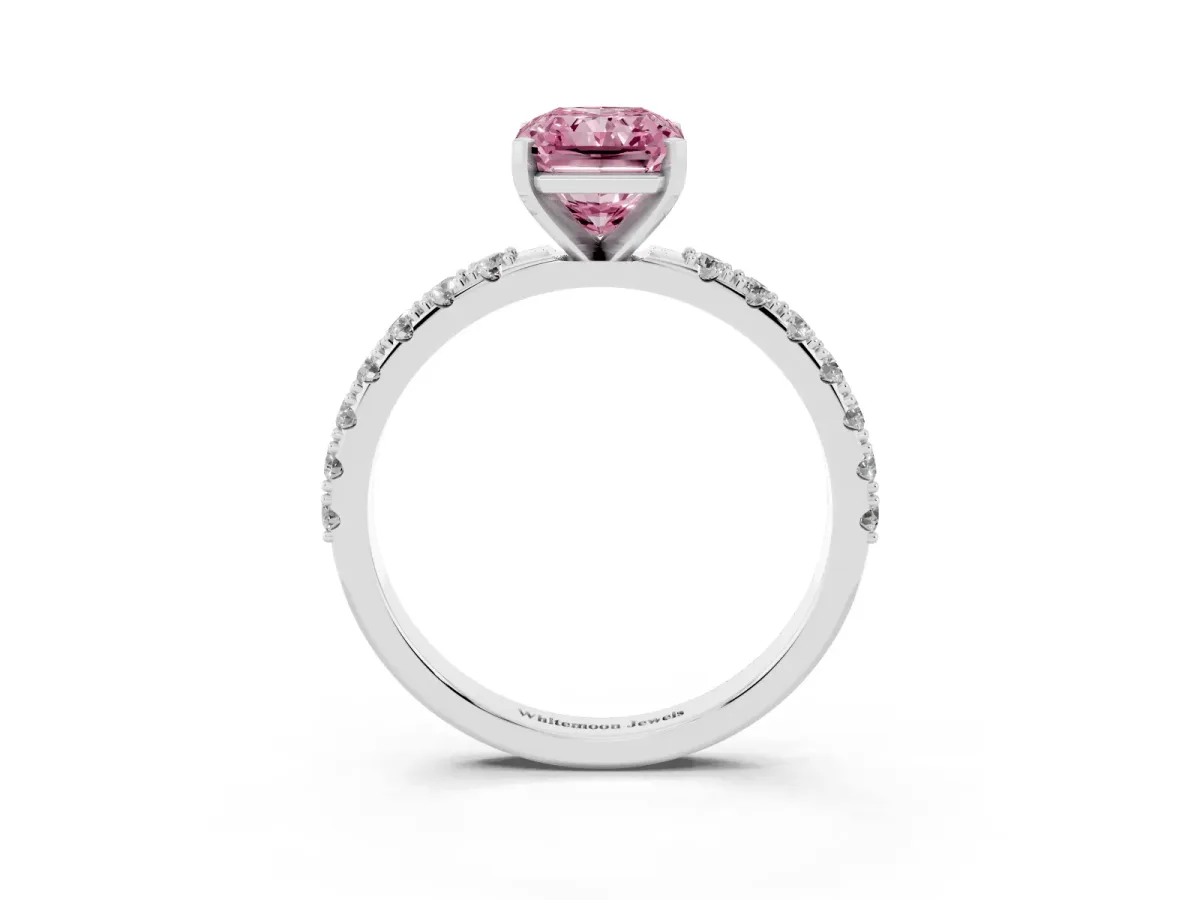 Fancy Pink Radiant Cut Diamond Solitaire Pavé Band with Four-Prong Setting Silver