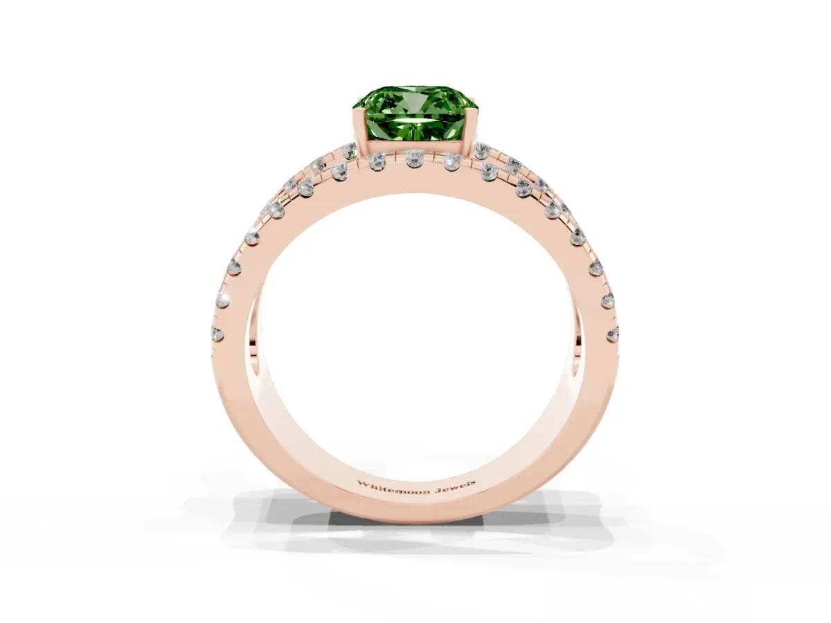 Fancy Green Cushion Cut Solitaire Split Shank Pave Diamond Ring Rose gold