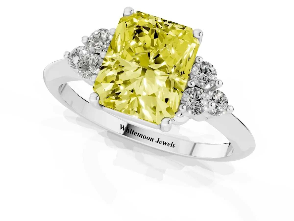 Fancy Yellow Radiant Cut Cut Diamond Cluster Ring with Solitaire Band and Four-Prong Setting Silver