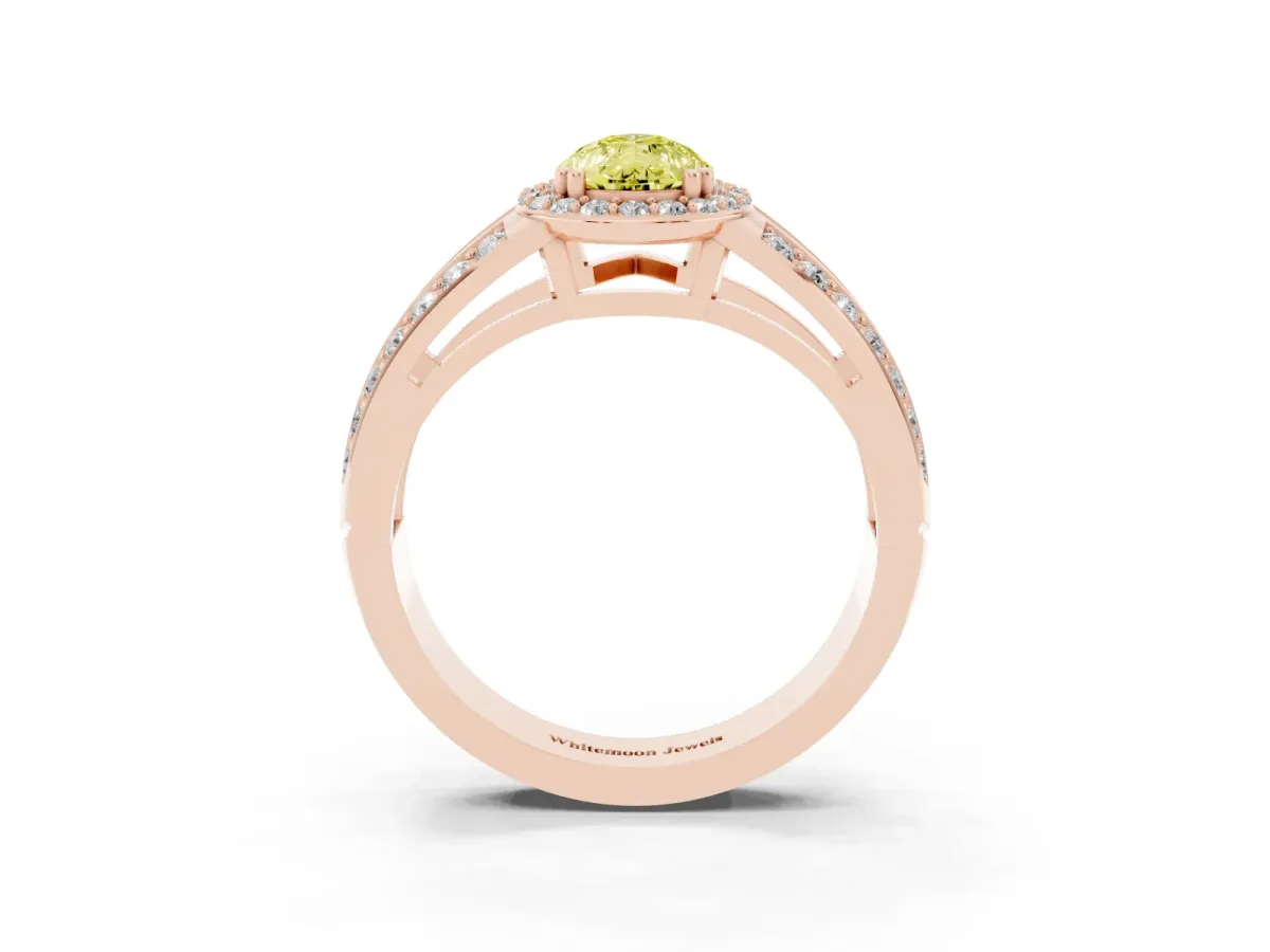 Fancy Yellow Pear Cut Diamond Halo Ring with Split Shank Pavé Band and Four-Prong Setting Rose gold