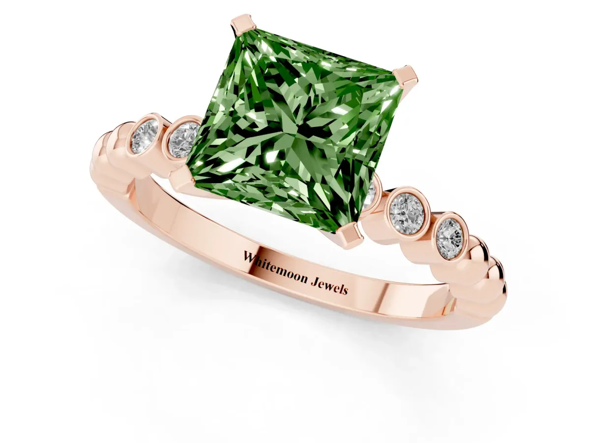 Fancy Green Princess Cut Solitaire Bezel Accent Diamond Engagement Ring with Beaded Band and Four-Prong Setting Rose gold