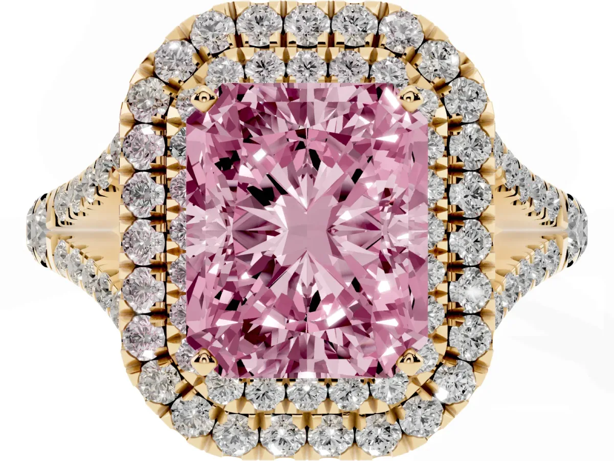 Fancy Pink Double Halo Radiant Cut Diamond Split Shank Engagement Ring with Four-Prong Setting Yellow gold