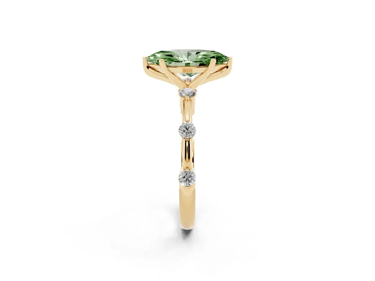 Fancy Green Marquise Cut Solitaire Diamond Ring with Bezel Set Side Stones and Prong Setting Yellow gold