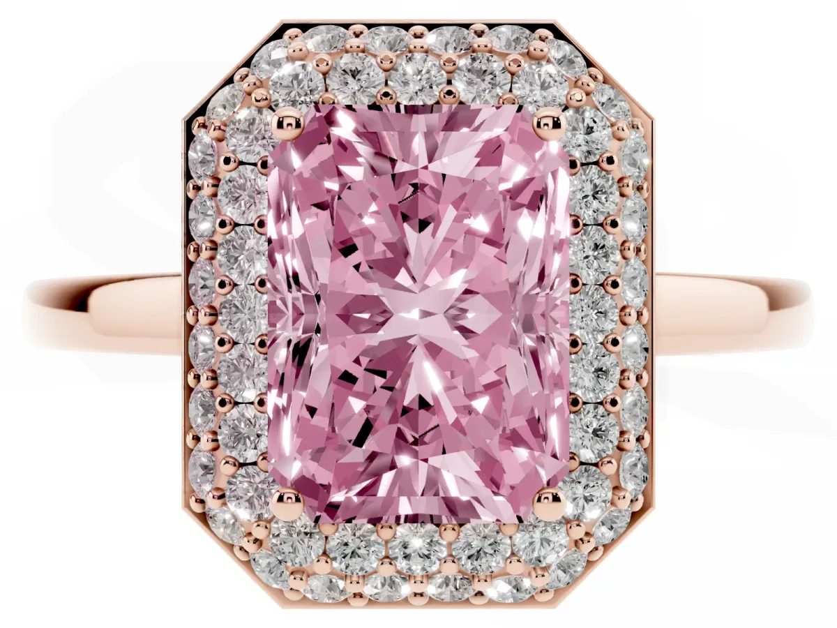 Fancy Pink Radiant Cut Halo Diamond Engagement Ring with Solitaire Band and Four-Prong Setting Rose gold