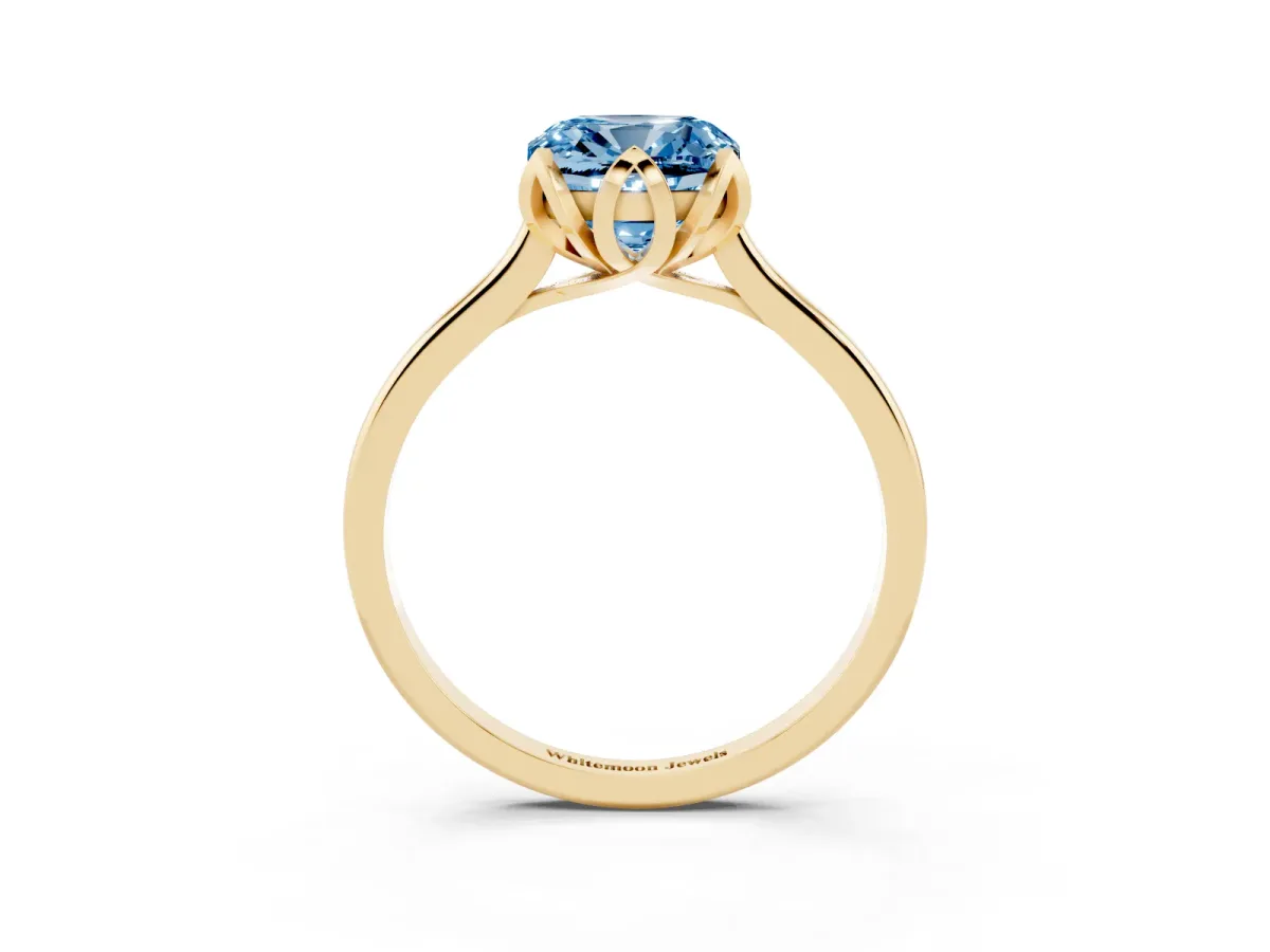 Fancy Blue Cushion Cut Diamond Solitaire Ring with Flower Prong Setting and Classic Band Yellow gold